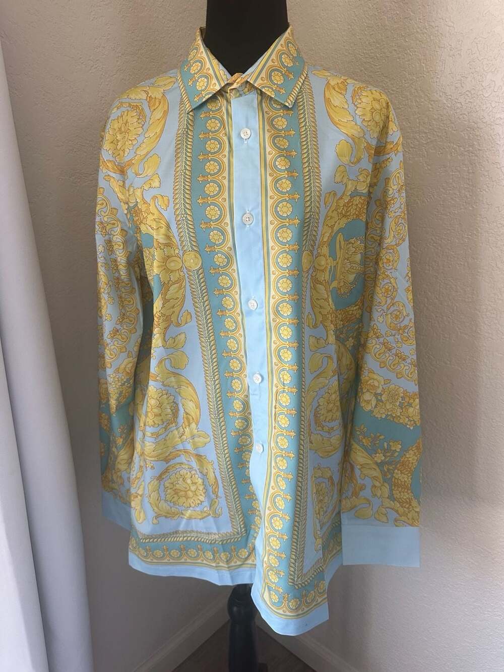 Versace Barocco Print Long Sleeve Button Down Shirt Light Blue Gold